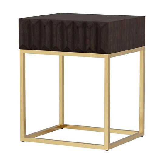 Saltoro Sherpi Bran 24 Inch Modern Side End Table, Brown Wood, Gold Steel Base, 1 Drawer-